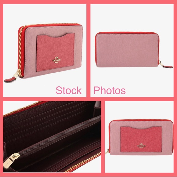 Coach Zip Around Wallet Leather Colorblock Pink & Red Accordion Women's Wallet - Picture 2 of 11